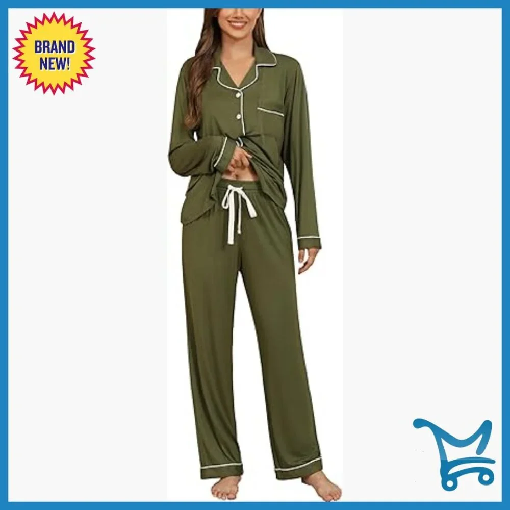 Soft Long Sleeve Pajama Set Button Down Viscose Spandex Lounge Wear